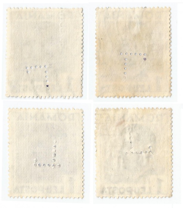 *Romania, lot 4 cu 4 timbre perforate identice cu perforatii in pozitii diferite