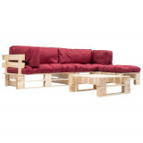 VidaXL Set mobilier de grădină paleți cu perne roșii, 4 piese, lemn