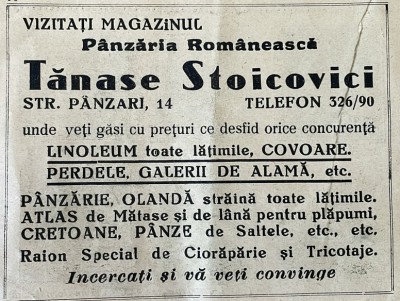1931 Reclamă rom&amp;acirc;nească Magazinul P&amp;acirc;nzăria Rom&amp;acirc;nească TANASE STOICOVICI Bucuresti Str, P&amp;acirc;nzari Nr 14 interbelic linoleum perdele covoare olanda foto