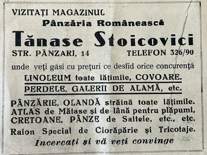 1931 Reclamă rom&acirc;nească Magazinul P&acirc;nzăria Rom&acirc;nească TANASE STOICOVICI Bucuresti Str, P&acirc;nzari Nr 14 interbelic linoleum perdele covoare olanda