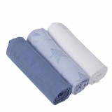 Set 3 Păturici Muselină Bebeluși Clevamama, 70x70 cm, Bumbac Bambus, Albastru, Imprimeuri Diverse