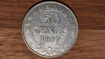 Newfoundland Canada -moneda argint 925- 50 cents 1917 C -raritate stare ff buna! foto
