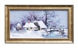 Tablou peisaj de iarna pictat manual inramat, 45x25cm ulei pe panza, rama din lemn, Geo Ungureanu