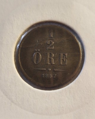 101 Suedia, Sweden, 1/2 Ore - Oscar I 1857, KM#686, buna foto