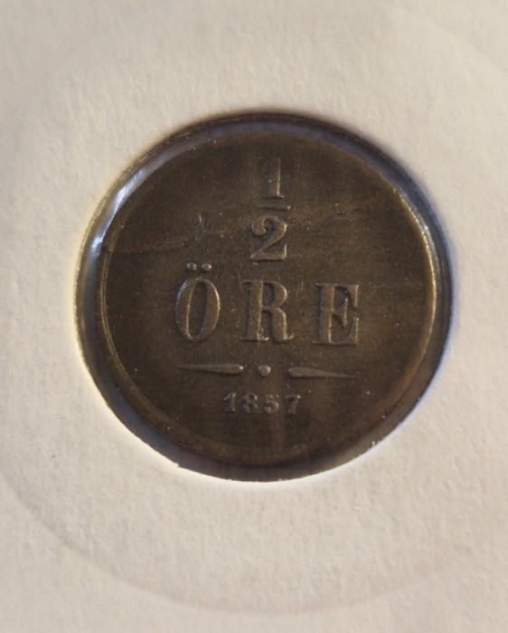 101 Suedia, Sweden, 1/2 Ore - Oscar I 1857, KM#686, buna