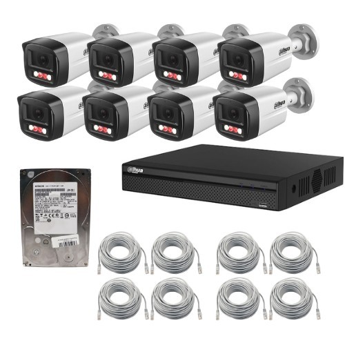 Sistem supraveghere IP Dahua, 8 camere 2MP, Dual Light lumina alba / IR 30m, PoE, microfon, NVR 8 canale POE, 8MP, HDD 1TB, cabluri SafetyGuard Survei