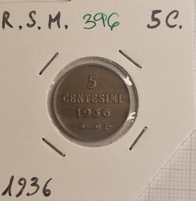 396 San Marino 5 Centesimi 1936 , KM#12, buna