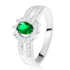Inel argint 925, ştras verde închis, braţe bifurcate, decorate - Marime inel: 58