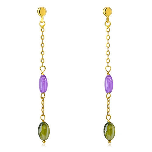 Cercei din aur de 14K - zirconiu violet și verde măslin, lanț fin