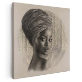 Tablou portret carbune femeie africana cu turban, auriu 1318 Tablou canvas pe panza CU RAMA 60x60 cm