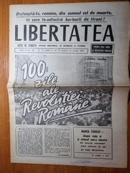 Libertatea 31 martie 1990-100 de zile de la revolutie,art despre maria tanase