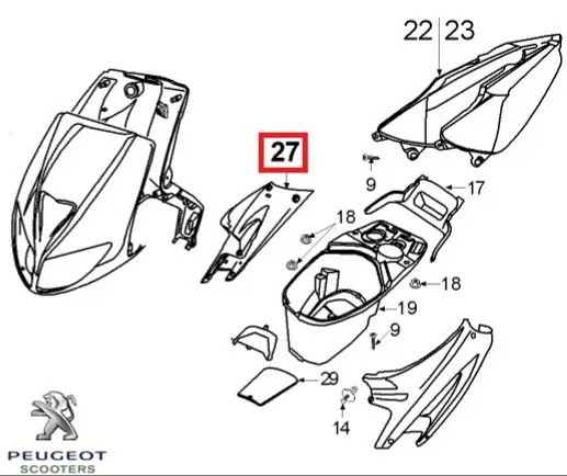 Carena laterala dreapta spate originala Peugeot Speedfight - Speedfight 2 - Speedfight - WRC - X-Race - X-Team 2T 50-100cc (rosie)