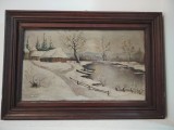 Ulei pe panza,peisaj de Iarna o lucrare deosebita foarte veche semnată &icirc;ncadrată &icirc;ntr-o ramă din lemn masiv