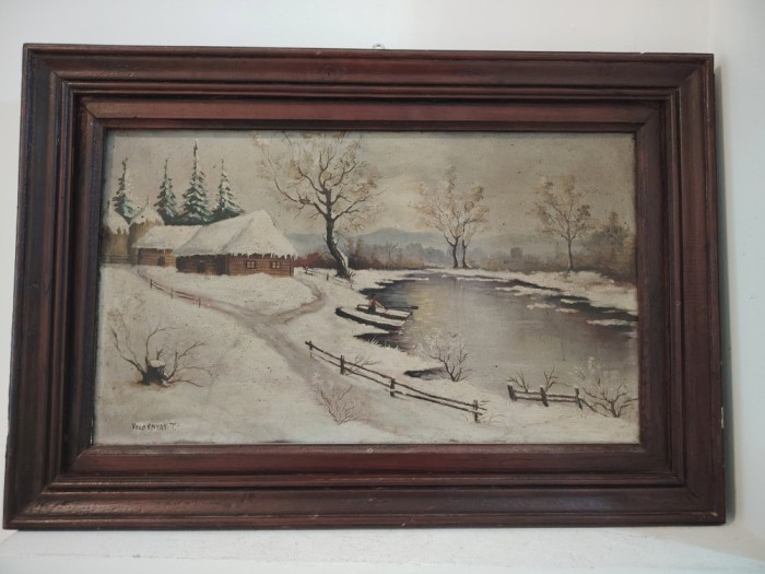 Ulei pe panza,peisaj de Iarna o lucrare deosebita foarte veche semnată &icirc;ncadrată &icirc;ntr-o ramă din lemn masiv