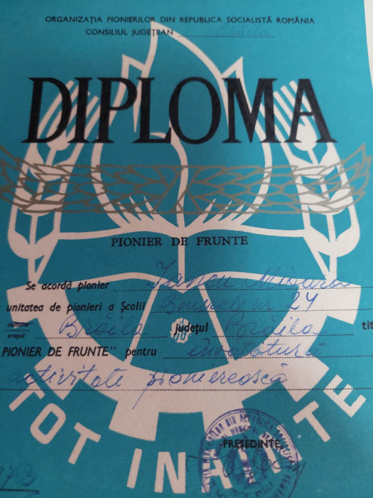 Diploma pionieri 1972 PIONIER DE FRUNTE,Organizatia pionierilor Braila