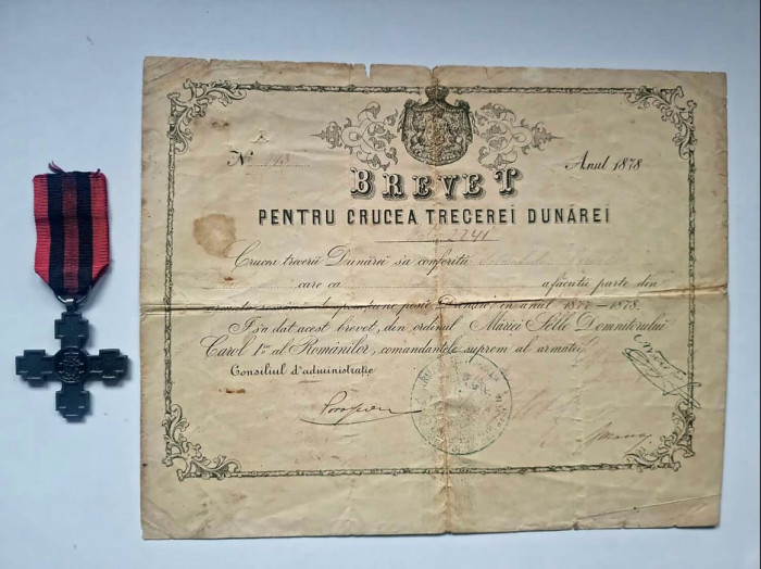 Brevet + Medalia / Crucea / decoratia Trecerea Dunarii 1877 / 1878 . Foarte rar