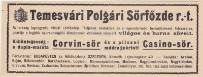 Berarie Timisoara Temesvari Polgari Sorfozde, berea Corvin si Casino ND(1913) decupaj din ziar foto