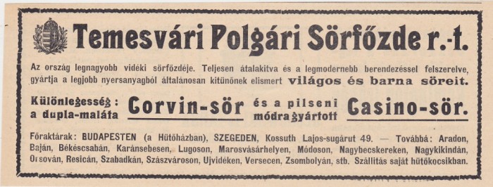 Berarie Timisoara Temesvari Polgari Sorfozde, berea Corvin si Casino ND(1913) decupaj din ziar