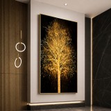 Tablou Decorativ cu Iluminare LED Arbore Auriu,60 x 120 cm,24W,Lumina Neutra,Aliaj de Aluminiu si MDF