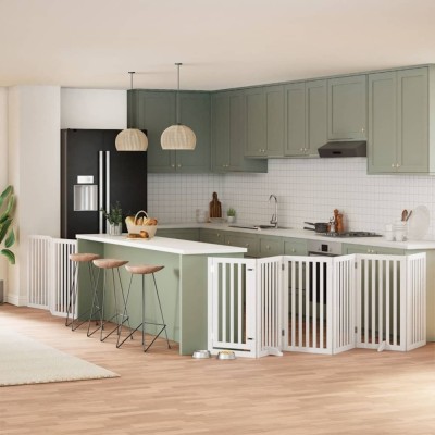 vidaXL Poartă c&amp;acirc;ini pliabilă cu ușă, 9 panouri, alb, 450 cm, lemn plop 3155650 foto
