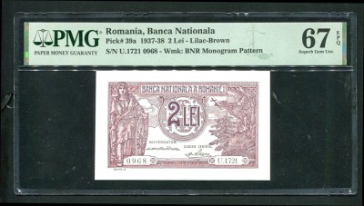 q084 BANCNOTA 2 LEI 1938 NECIRCULATA UNC GRADATA PMG 67 EPQ foto