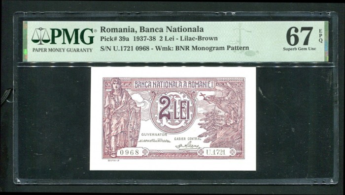 q084 BANCNOTA 2 LEI 1938 NECIRCULATA UNC GRADATA PMG 67 EPQ