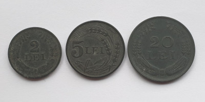 Set 3 monede zinc Romania regat 2 Lei 1941, 5 &amp;amp; 20 Lei 1942 foto