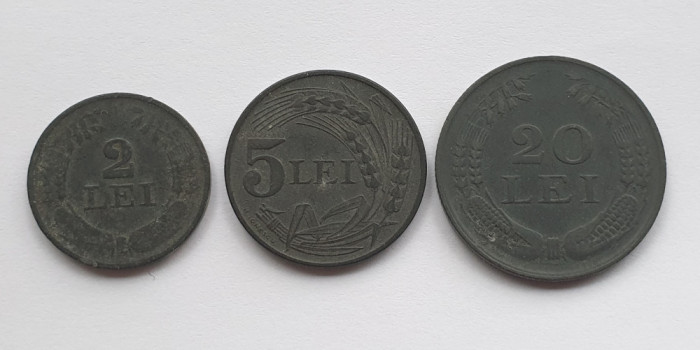 Set 3 monede zinc Romania regat 2 Lei 1941, 5 &amp; 20 Lei 1942