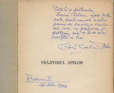 Ovid Caledoniu, Vrajitorul apelor, cu dedicatie pentru poetul Traian Chelariu foto