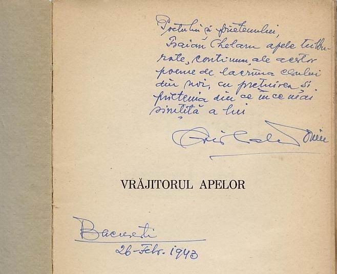 Ovid Caledoniu, Vrajitorul apelor, cu dedicatie pentru poetul Traian Chelariu