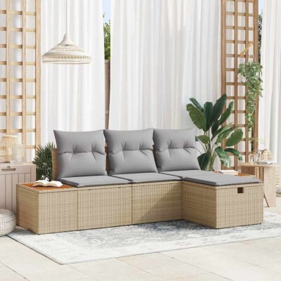 vidaXL Set de canapele pentru grădină cu pernă 4 pcs Bej Rattan poli foto