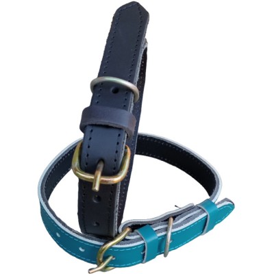 Set 2 Zgarzi de Piele Naturala pentru Caini, Negru si Albastru, 60x2.5cm, Marime Ajustabila foto