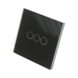 Intrerupator touch triplu cap scara negru 220V cu indicator luminos, rama din sticla 86x86x34mm