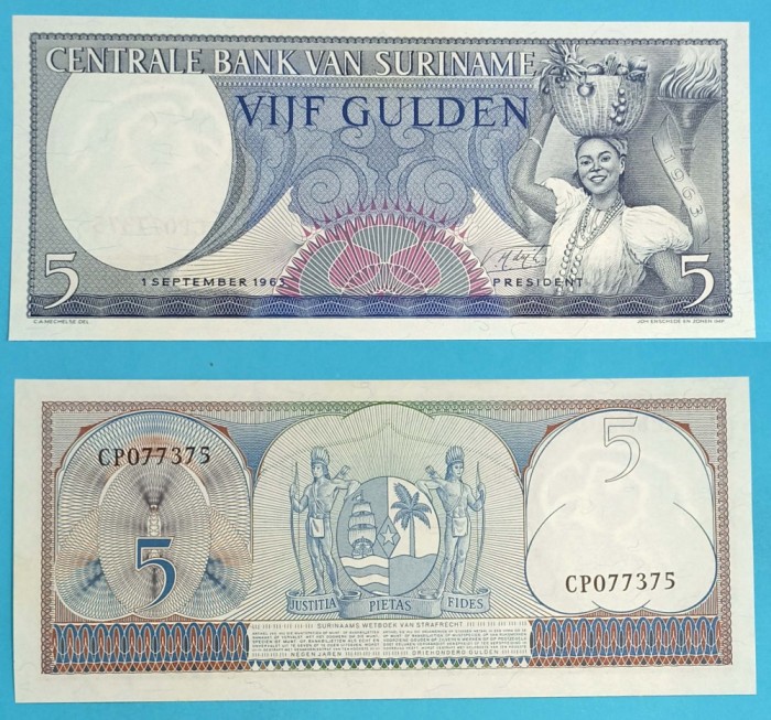 Surinam 5 Gulden 1963 &#039;Femeie cu coș și torță&#039; UNC serie: CP077375 p120