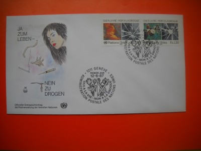 HOPCT PLIC FDC S NR 214 NU DROGURILOR 1987 - ONU NATIUNILE UNITE- -BIROUL GENEVA ELVETIA foto
