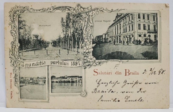 SALUTARI DIN BRAILA , INUNDATIA PORTULUI 1897 , MONUMENTUL SI STRADA REGALA , CARTE POSTALA , LITOGRAFIE , CLASICA
