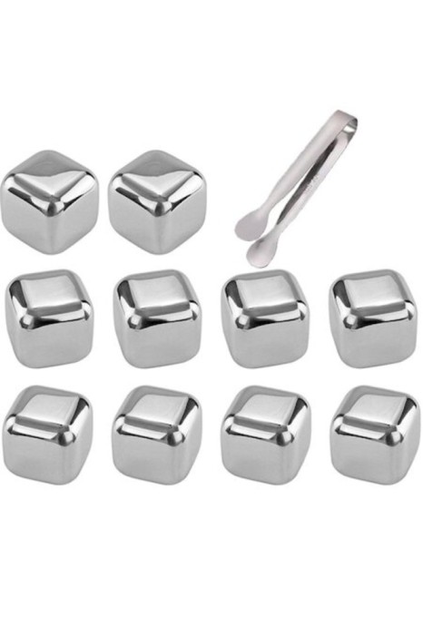 Set 10 cuburi de gheață reutilizabile, oțel inoxidabil, model cubic, argintiu