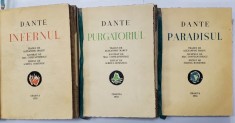 DANTE , DIVINA COMEDIE ,traducere de ALEXANDRU MARCU , ilustrat cu gravuri de MAC CONSTANTINESCU , VOLUMELE I - III , 1932 - 1934 , LEGATURA DE ARTA