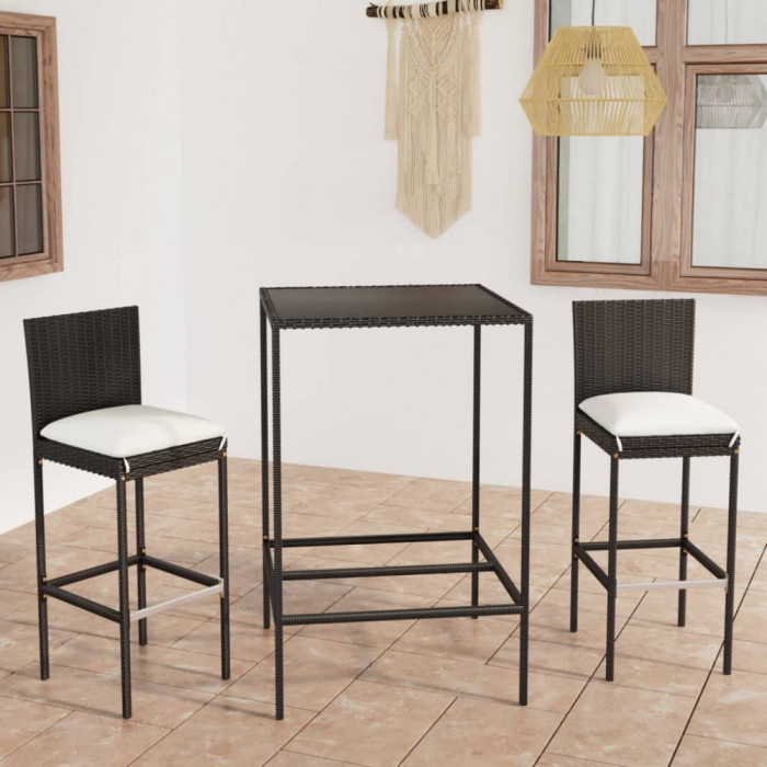 Set mobilier bar de gradina cu perne, 3 piese, negru, poliratan GartenMobel Dekor