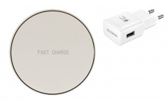 Incarcator wireless Fast Charger QI Universal FC01 Alb+Adaptor priza foto