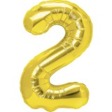Balon din folie metalizata flippy, figurina cifra, tema aniversare 80 cm, ambalaj individual, pai inclus, umflare cu aer sau heliu, auriu, cifra 2