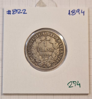 274 Franta, France, 1 Franc 1894, KM#822, argint foto