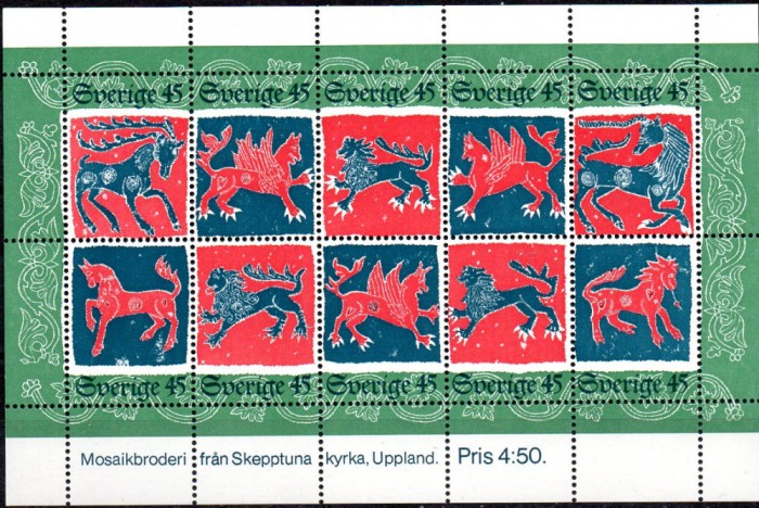 SUEDIA 1974, Broderii, arta, Fauna, serie neuzată, MNH