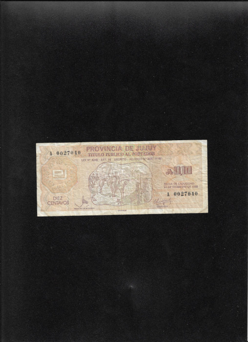 Rar! Argentina 10 centavos 0,10 austales 1988 Jujuy seria0027040