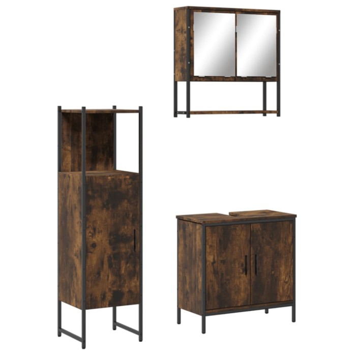 Set mobilier de baie, 3 piese, stejar fumuriu, lemn prelucrat
