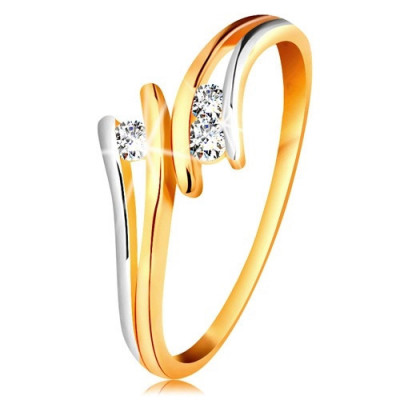Inel cu diamant din aur 585, trei diamante transparente, brațe despicate bicolore - Marime inel: 64 foto
