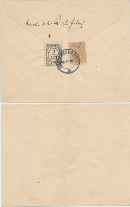 Romania 1921 fals rarisim in dauna postei 2 Lei Taxa de Plata folosit pe plic