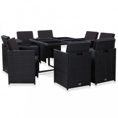 vidaXL Set mobilier de exterior cu perne, 9 piese, negru, poliratan