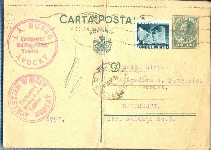 AX 197 CP VECHE-D-LUI ALEXANDRU A. PETROVICI, AVOCAT -BUCURESTI-CIRC.1939