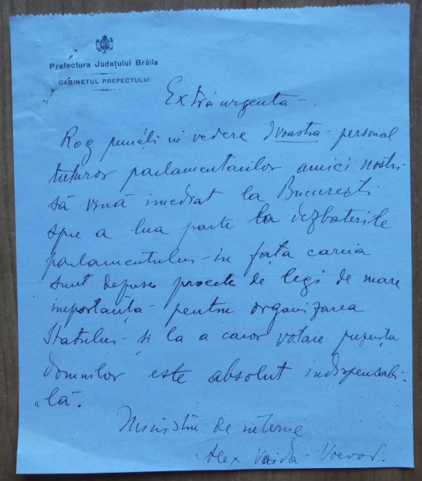 Scrisoare Alexandru Vaida Voievod, Ministrul de Interne